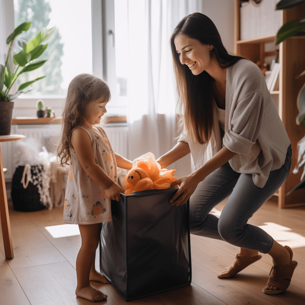 woman with kids in clutter free home