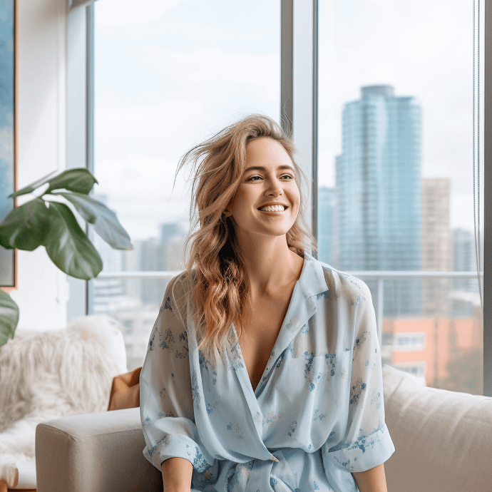 Happy woman clutter