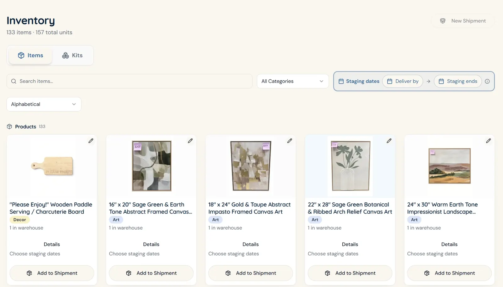 Juujbox customer portal inventory catalog showing photographed home staging items with warehouse quantities