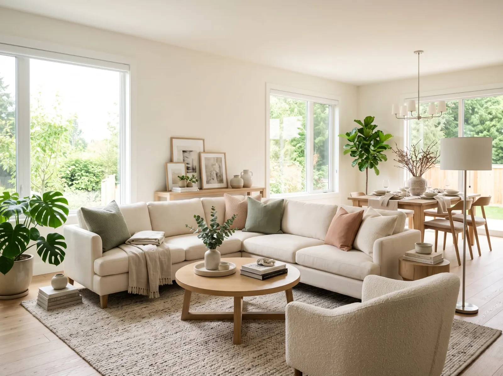 San Diego home staging: bright living room with a cream sectional, round oak coffee table, and plants, furnished from stored inventory