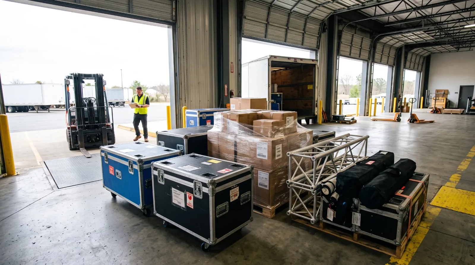 Trade show cases, wrapped boxes, and display equipment staged at a warehouse loading dock