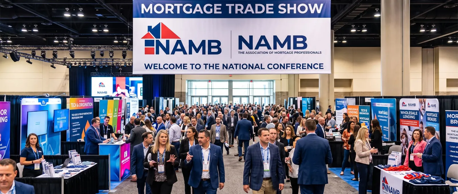 Mortgage industry trade show floor with exhibitor booths, overhead signage, and attendees walking the aisles