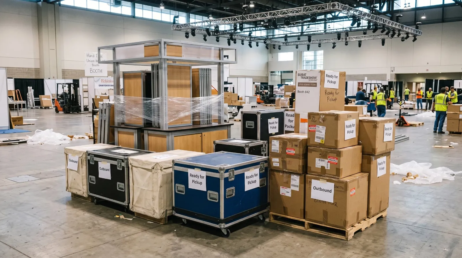 Booth equipment, outbound cases, and boxes labeled ready for pickup on a trade show floor