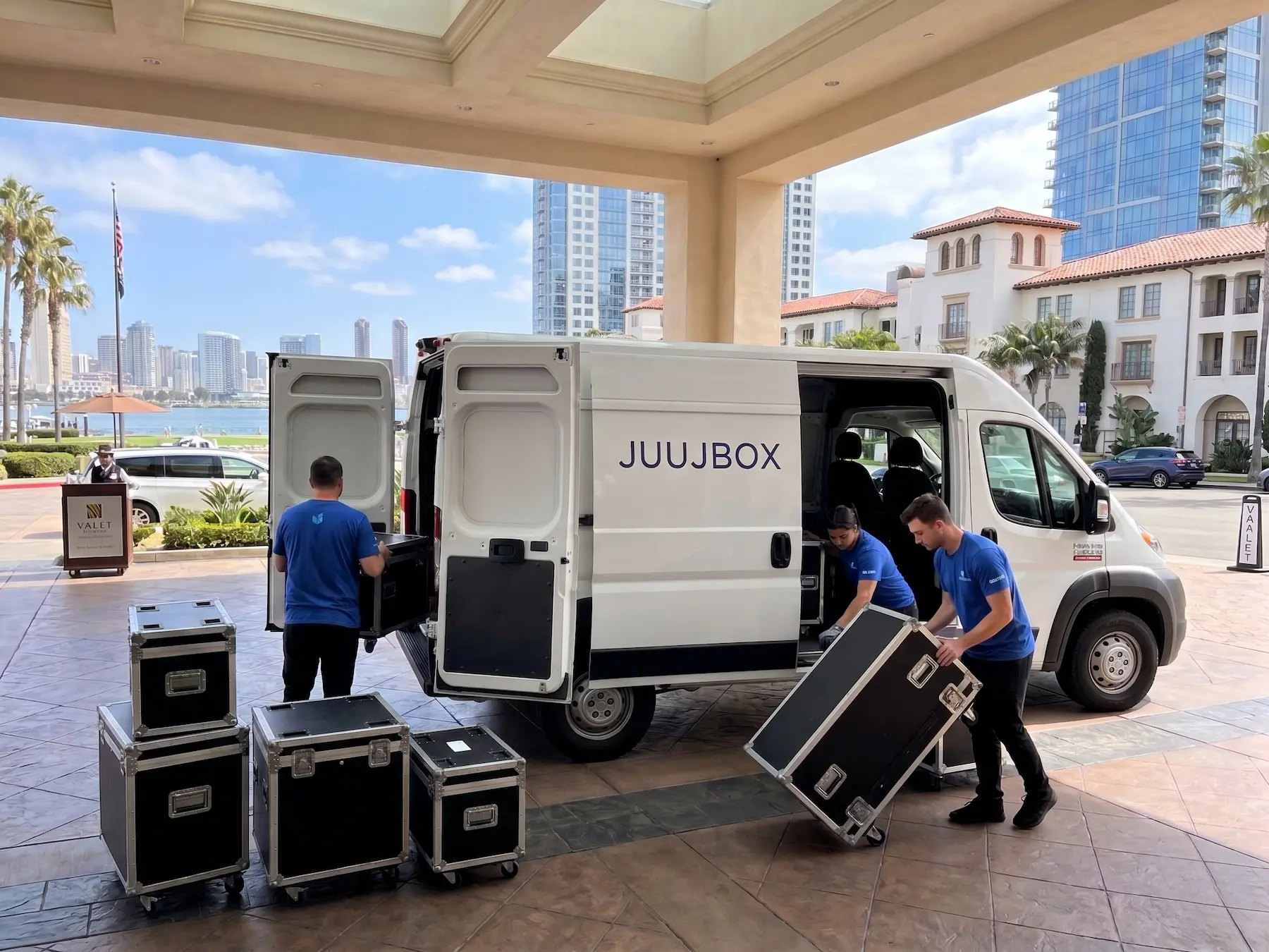 Juujbox team loading event equipment into a delivery van for San Diego event logistics