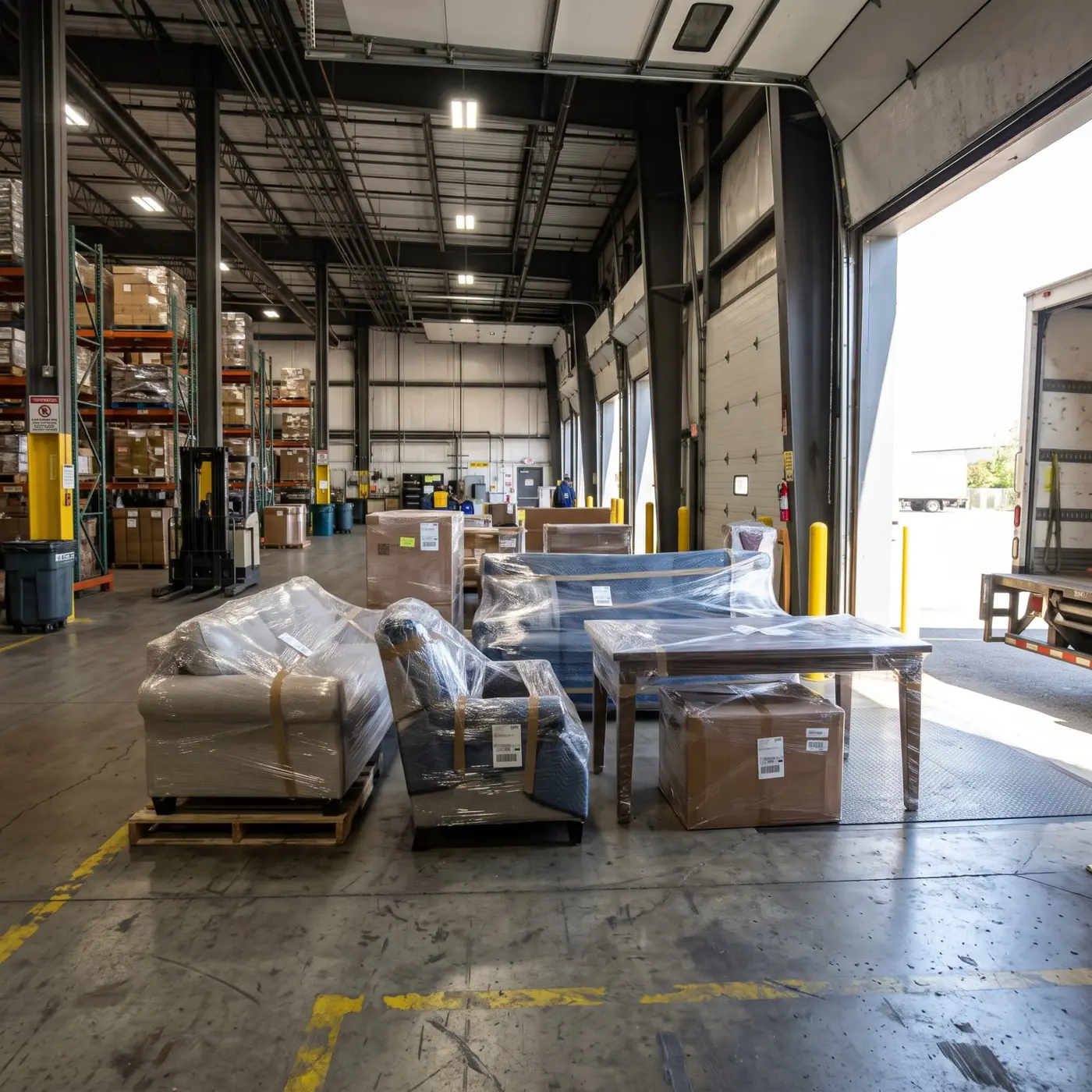 Wrapped sofa, armchair, and table staged on pallets at an open warehouse dock door for home staging delivery