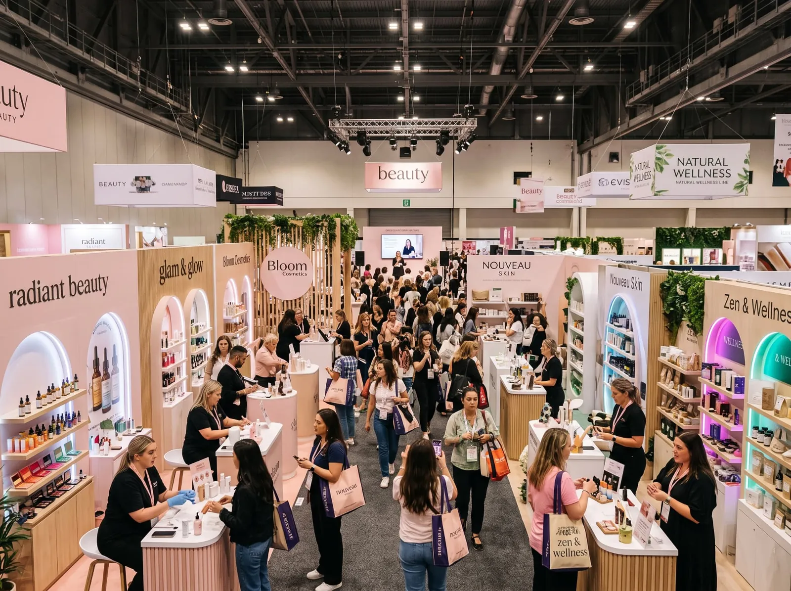 Beauty and wellness trade show floor with exhibitor booths, product displays, and attendees walking the aisle