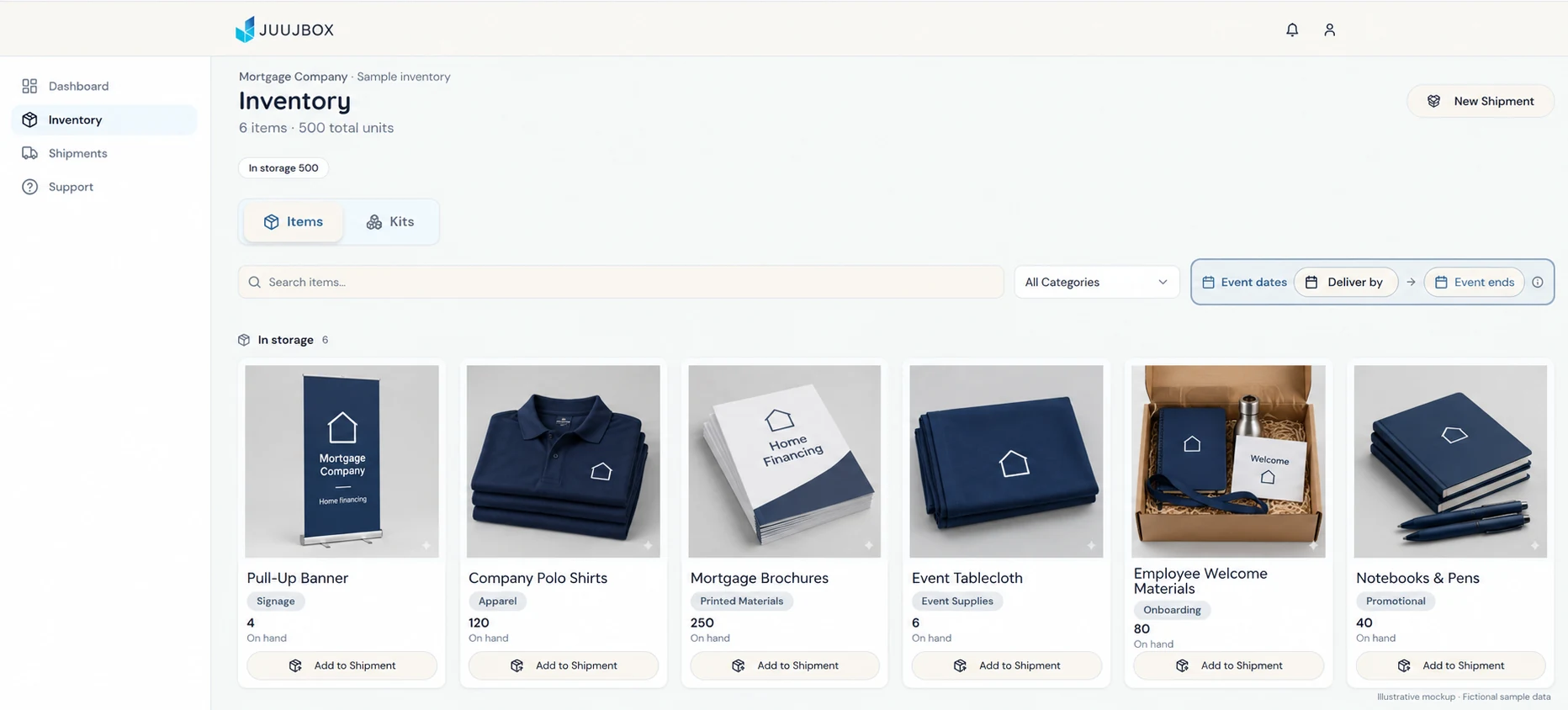 Sample customer portal inventory showing a pull-up banner, polo shirts, brochures, a tablecloth, employee welcome materials, and notebooks, each with an on-hand quantity