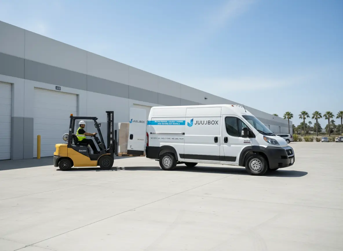 Event and trade show storage warehouse with organized materials