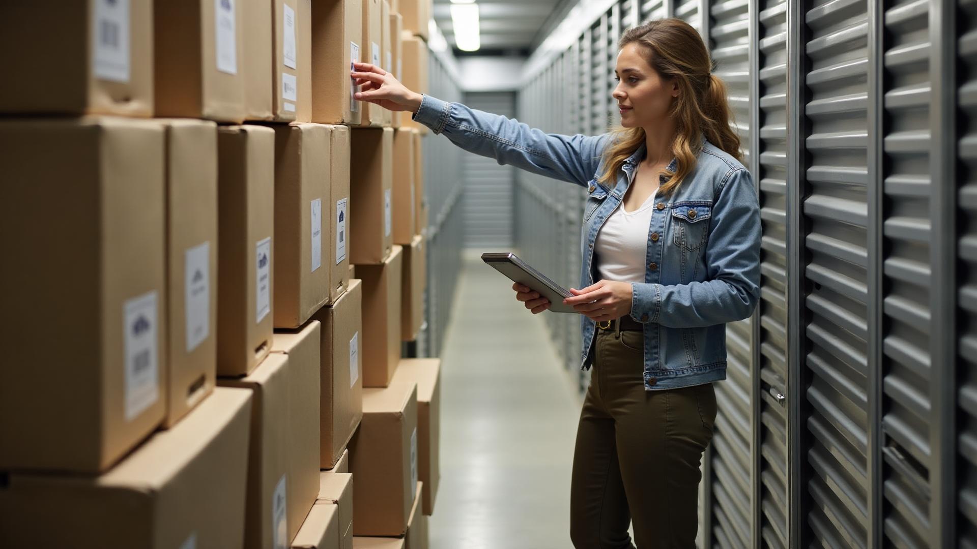 Person organizing boxes in a storage unit