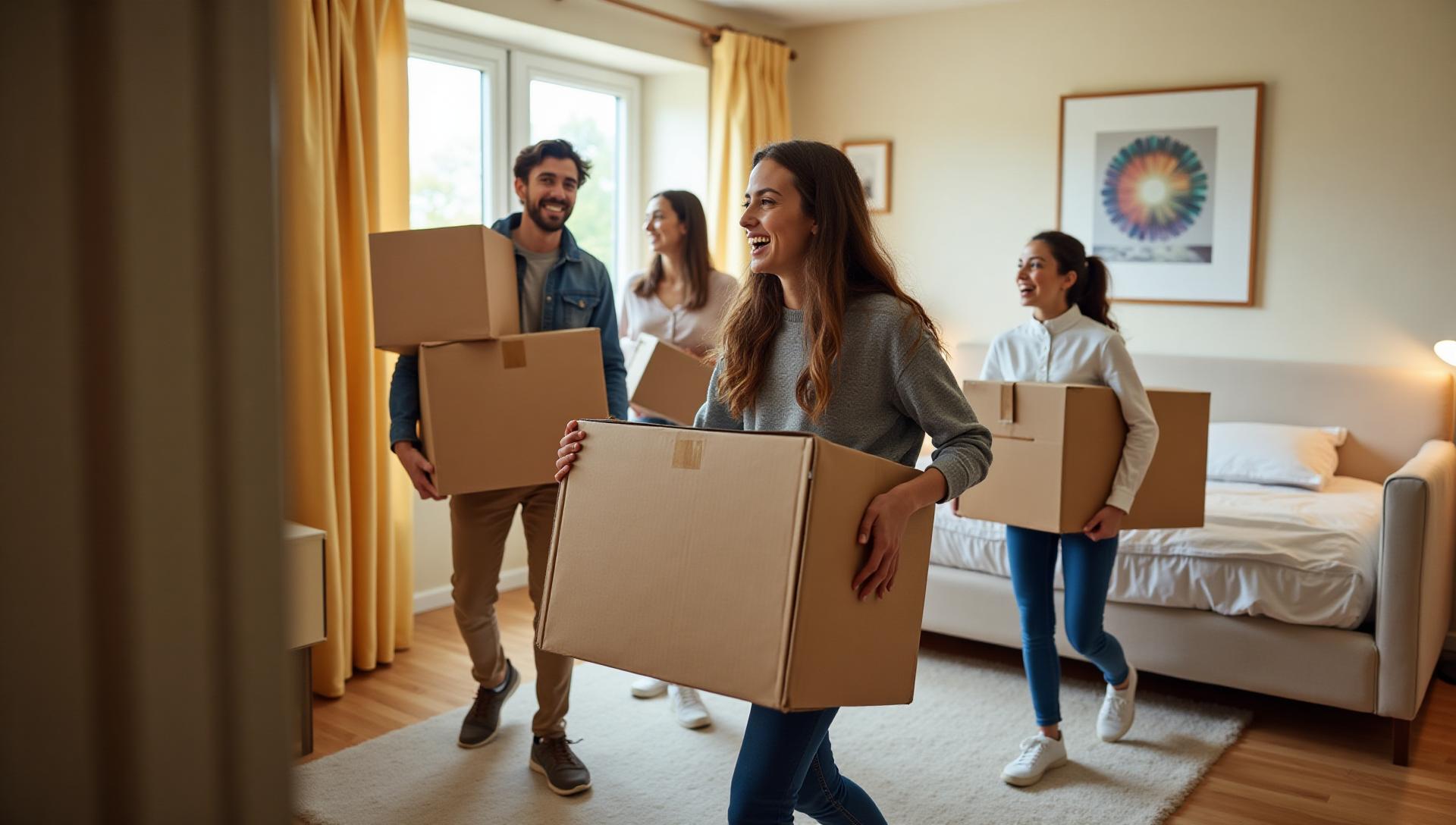 Happy college students moving boxes into their dorm room during move-in day