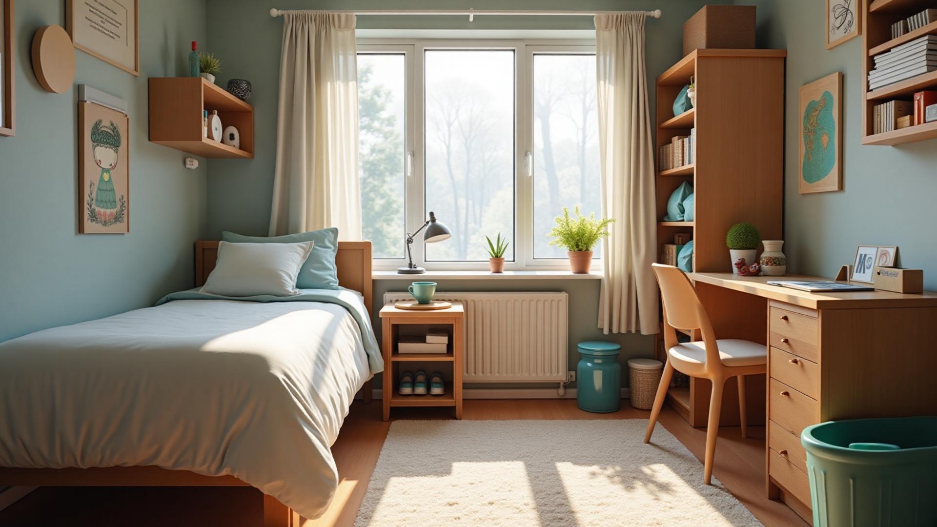 Organized dorm room with smart storage solutions