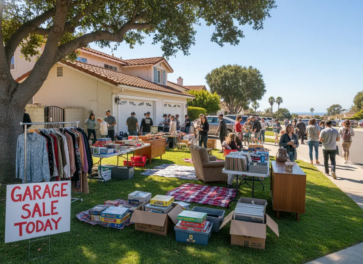 Successful garage sale with organized items and happy customers