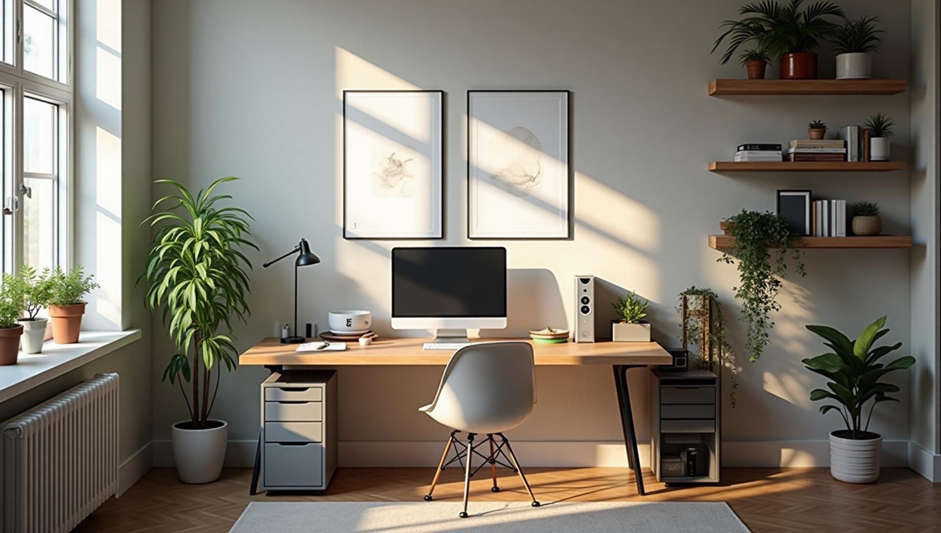 Clean, organized home office with efficient storage solutions and minimal clutter