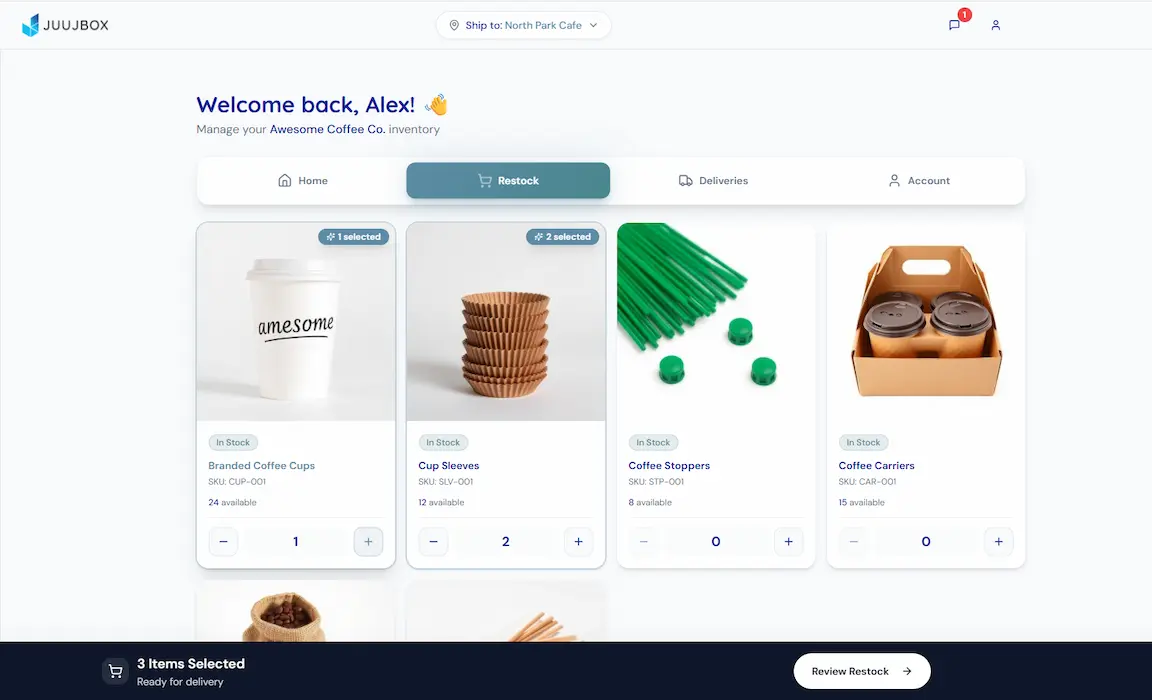 Juujbox inventory portal showing real-time pallet counts and delivery tracking