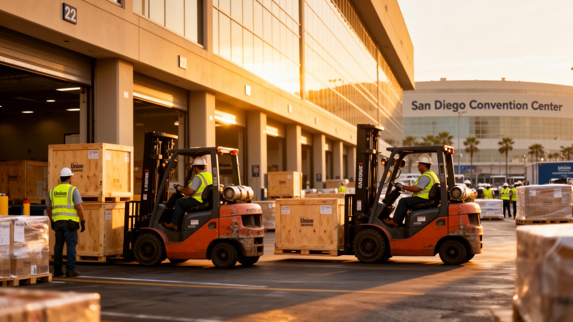 Union forklift operators moving wooden exhibitor crates at the San Diego Convention Center loading dock at golden hour