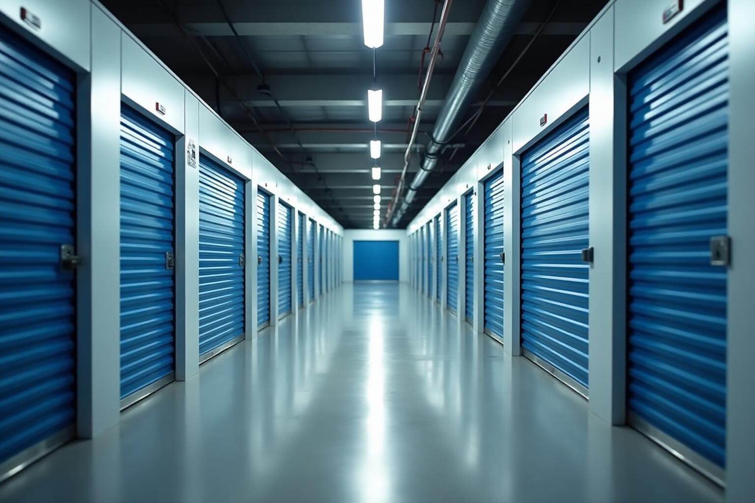 Modern self-storage facility interior with blue storage units