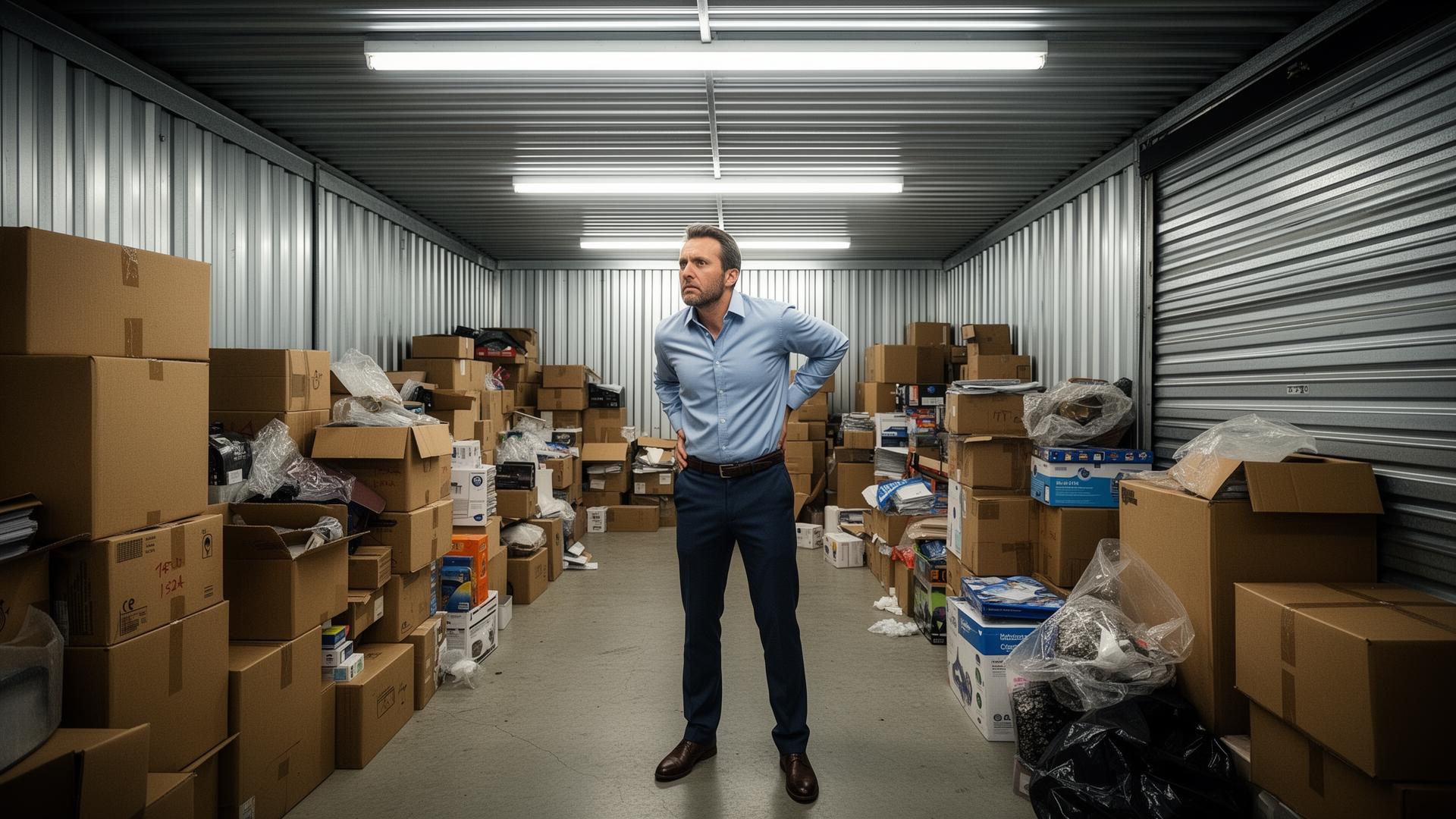 Business owner struggling with boxes in a cramped self-storage unit