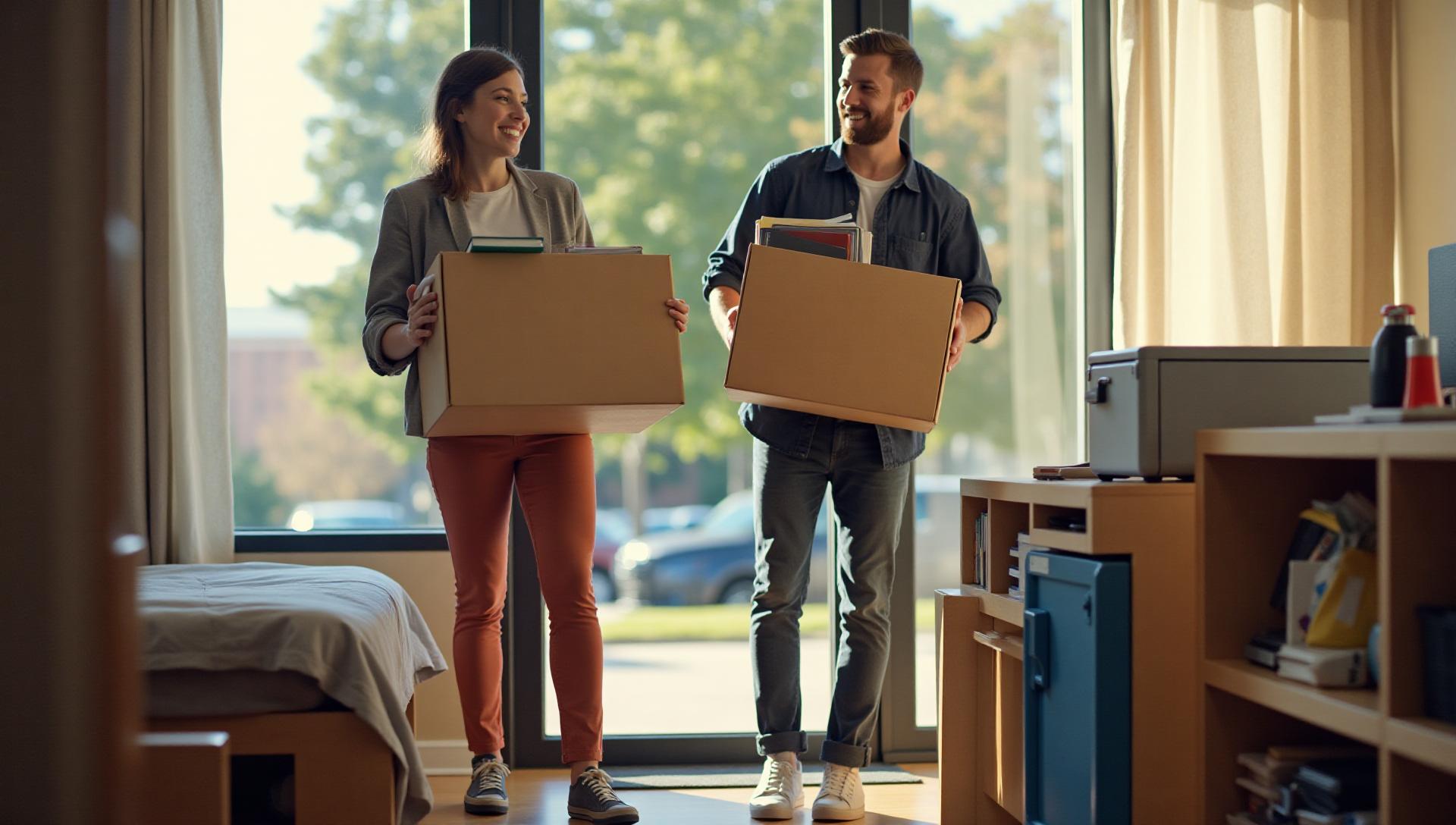 College students organizing their belongings with storage boxes in a dorm room