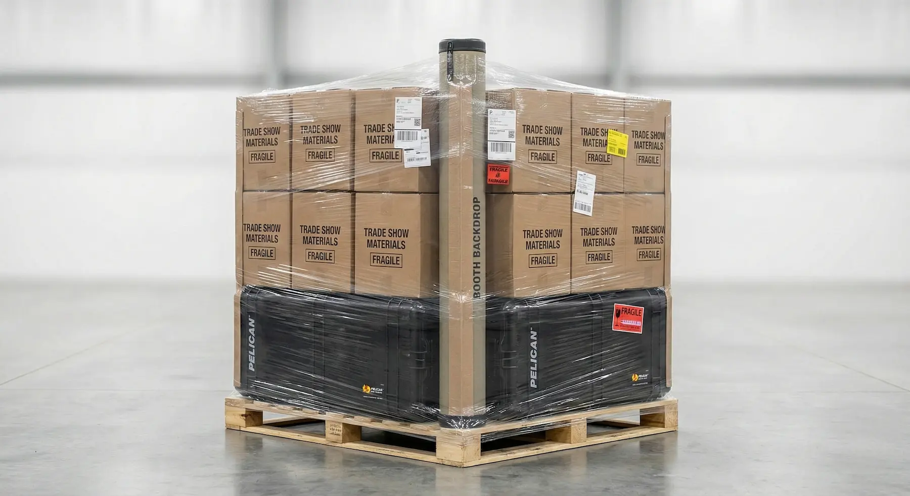 Trade show booth materials loaded on a standard 48x40 pallet with road cases and boxes