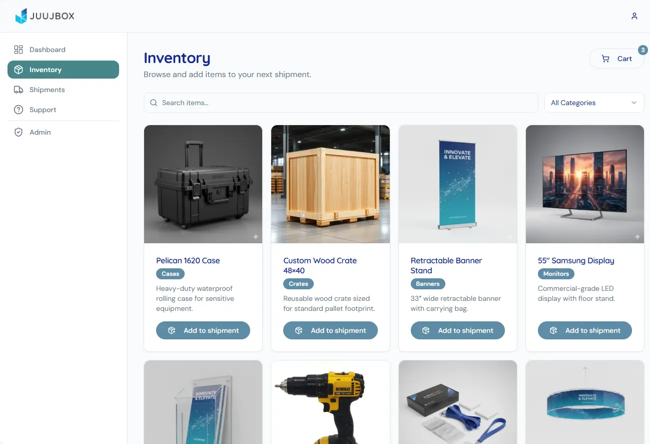 Juujbox inventory portal showing trade show booth assets